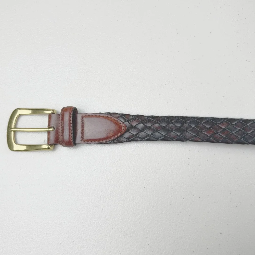 Brown Braided Leather Belt Solid Brass Buckle Woven 38 Mens Classic Mahogany‎